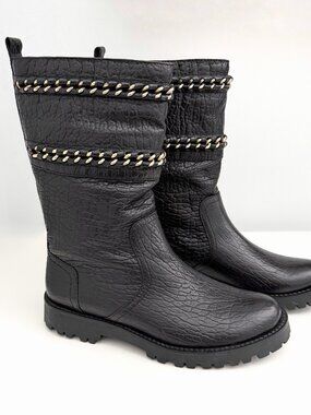 NWOT Tory Burch Connell Black Leather Mid-Calf Boots Gold Chain Women’s Size 7.5